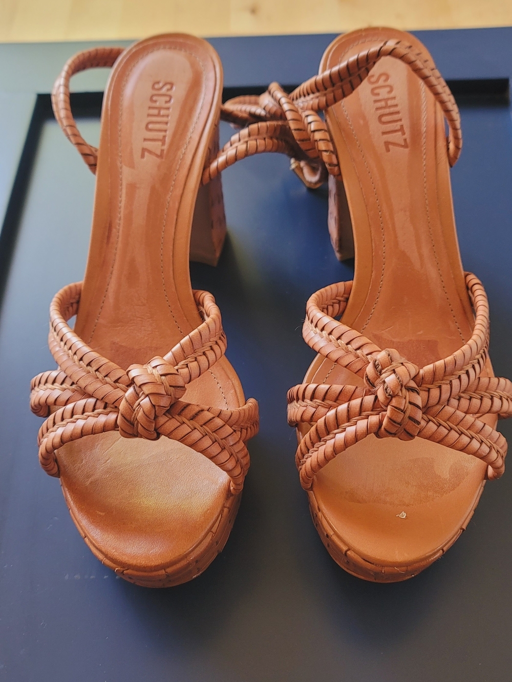 SCHUTZ Kareena Woven Tan Braided Knot Platform Heels